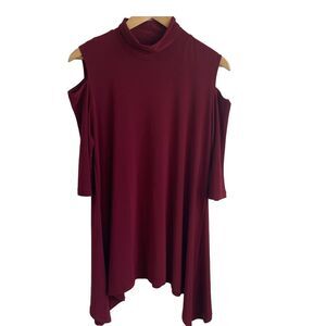 Clara Sun Woo Shirt Womens Medium Red Cold Shoulder Cut Out Asymmetrical Hem